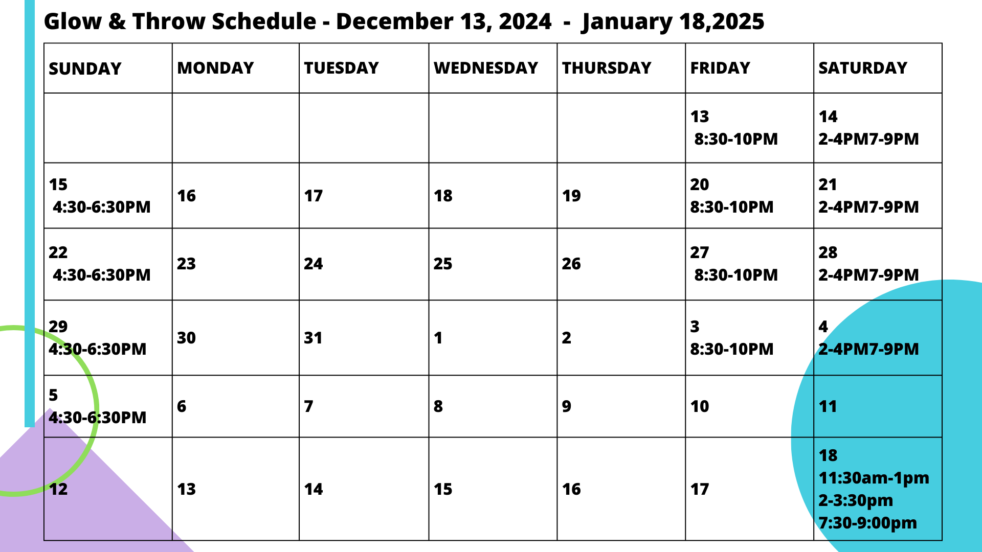 GLOW & THROW SCHEDULED 