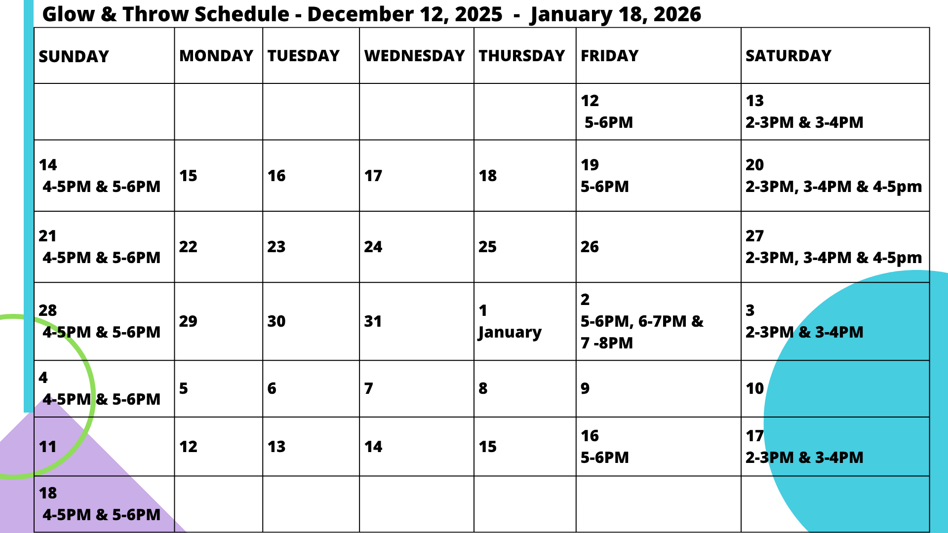25/26 Glow & Throw Schedule 